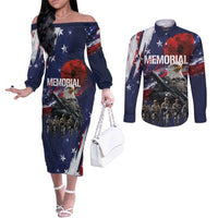United States Memorial Day Couples Matching Off The Shoulder Long Sleeve Dress and Long Sleeve Button Shirt Bald Eagle US Soldier-Honor and Remember The Fallen