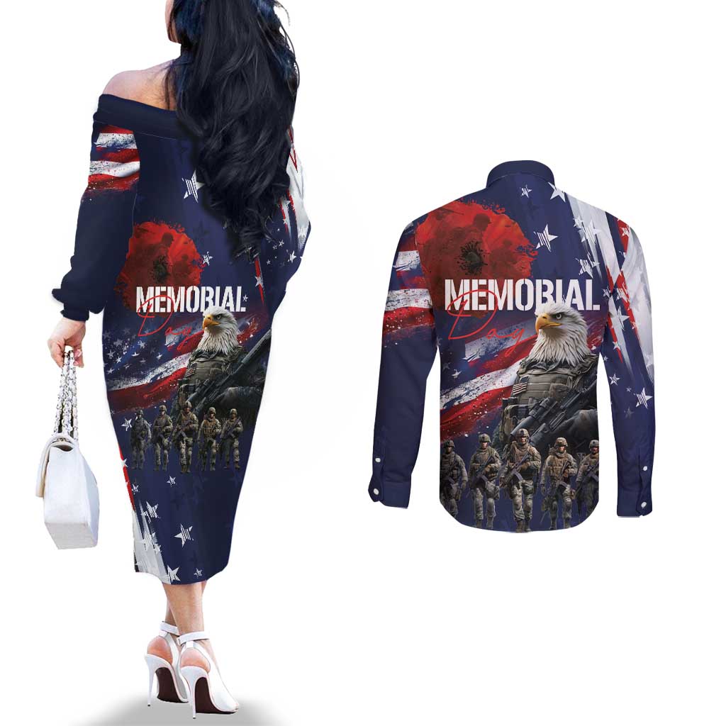 United States Memorial Day Couples Matching Off The Shoulder Long Sleeve Dress and Long Sleeve Button Shirt Bald Eagle US Soldier-Honor and Remember The Fallen