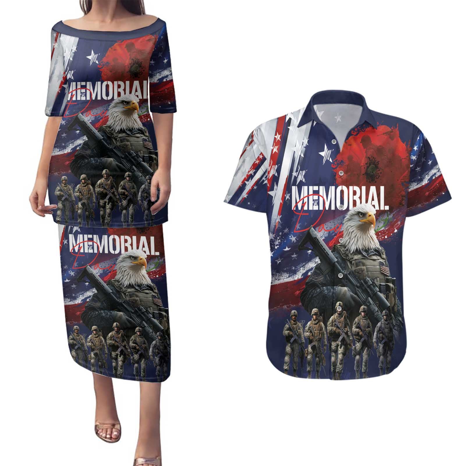 United States Memorial Day Couples Matching Puletasi and Hawaiian Shirt Bald Eagle US Soldier-Honor and Remember The Fallen