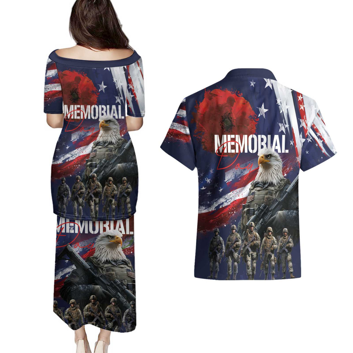 United States Memorial Day Couples Matching Puletasi and Hawaiian Shirt Bald Eagle US Soldier-Honor and Remember The Fallen