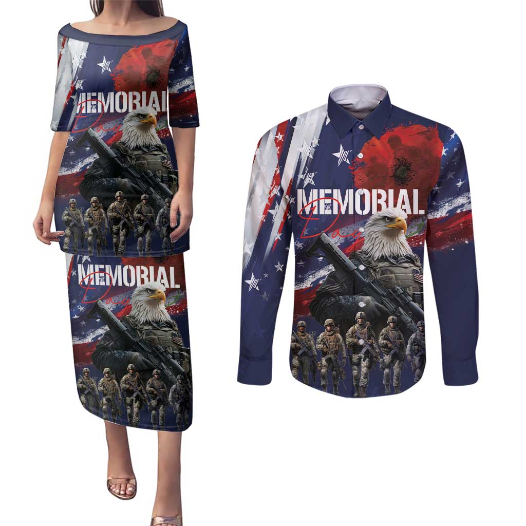 United States Memorial Day Couples Matching Puletasi and Long Sleeve Button Shirt Bald Eagle US Soldier-Honor and Remember The Fallen