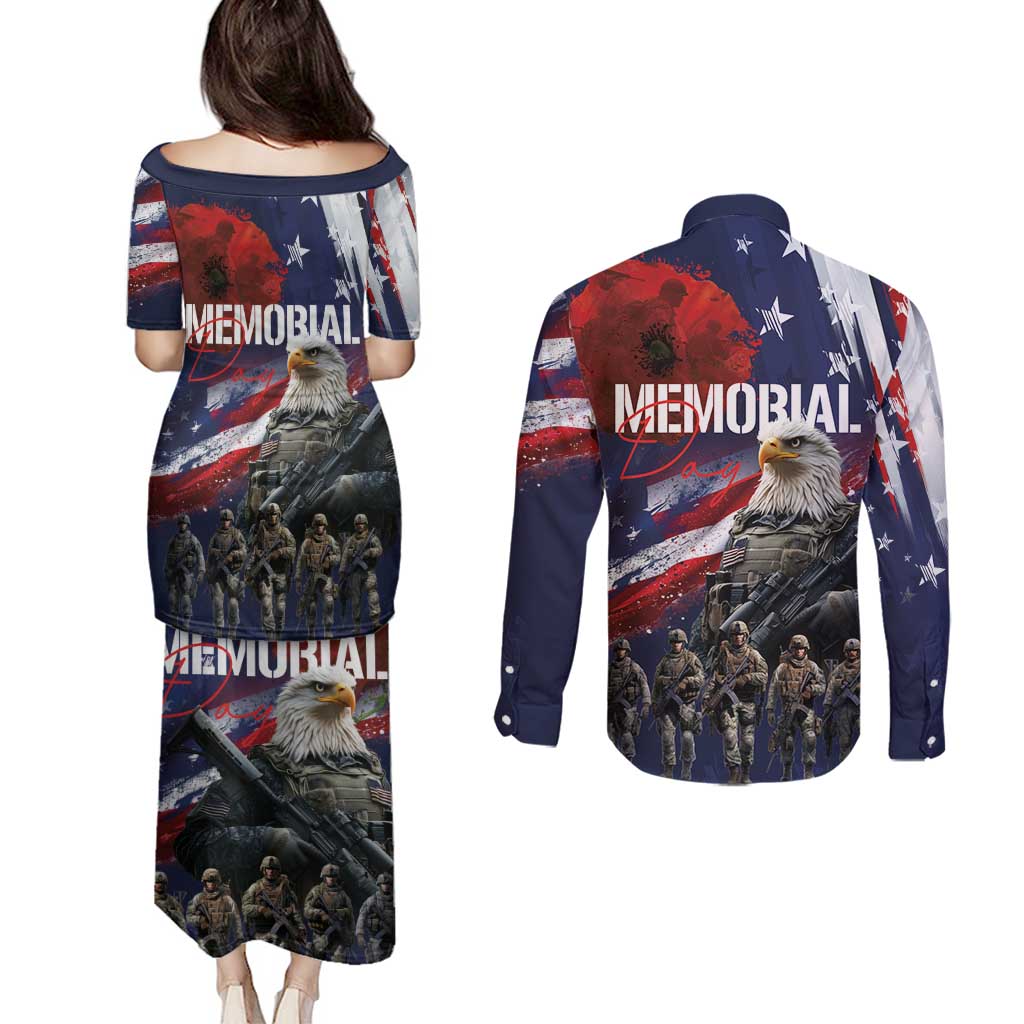 United States Memorial Day Couples Matching Puletasi and Long Sleeve Button Shirt Bald Eagle US Soldier-Honor and Remember The Fallen