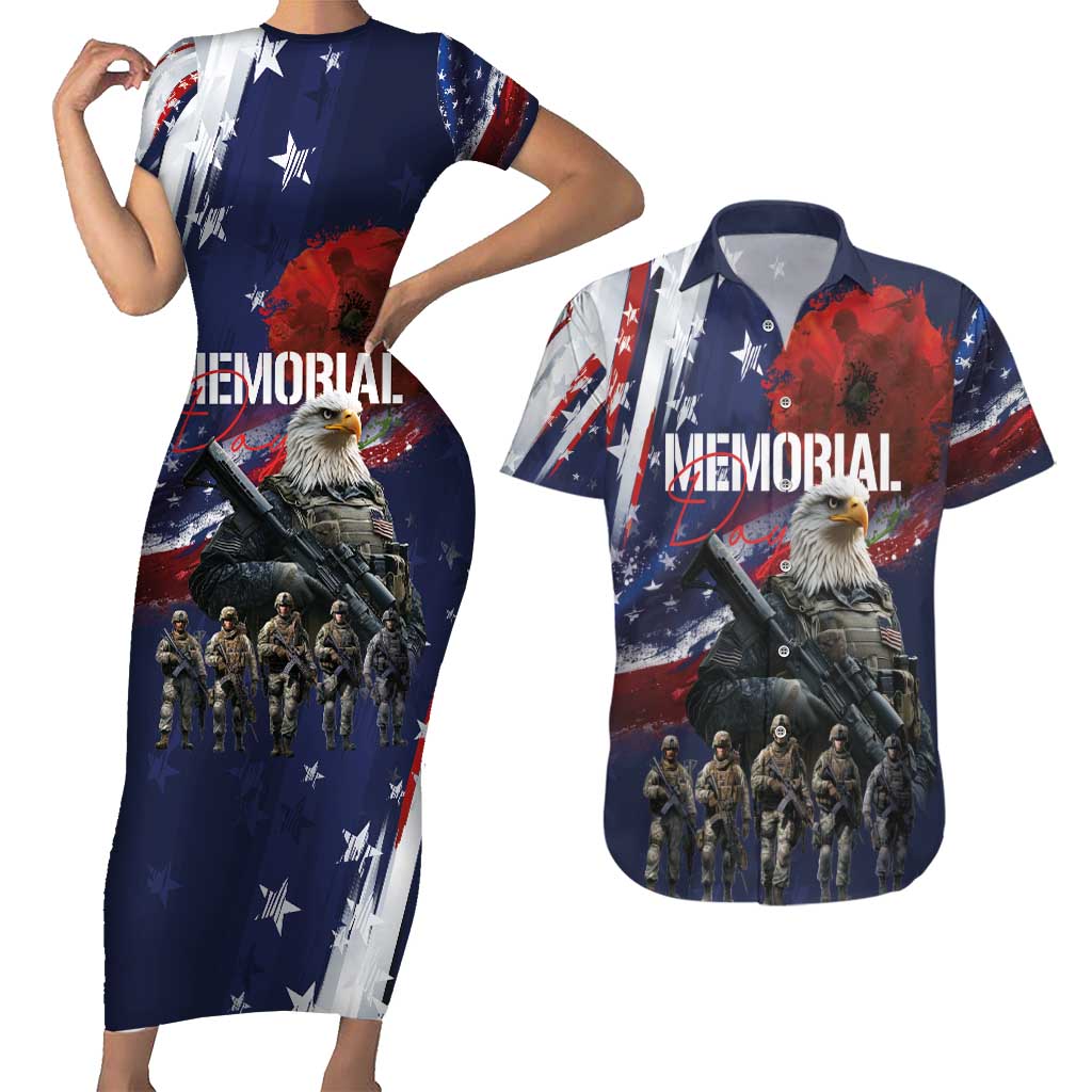 United States Memorial Day Couples Matching Short Sleeve Bodycon Dress and Hawaiian Shirt Bald Eagle US Soldier-Honor and Remember The Fallen