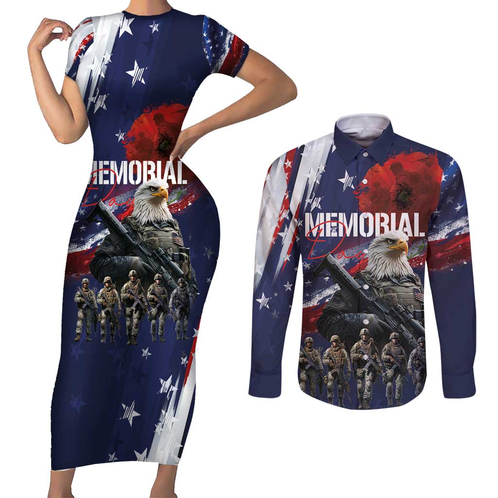United States Memorial Day Couples Matching Short Sleeve Bodycon Dress and Long Sleeve Button Shirt Bald Eagle US Soldier-Honor and Remember The Fallen