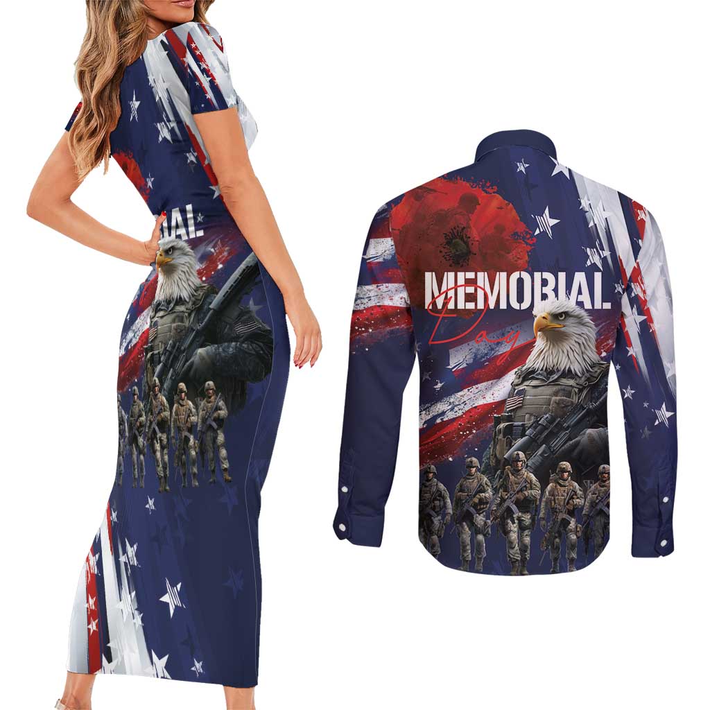 United States Memorial Day Couples Matching Short Sleeve Bodycon Dress and Long Sleeve Button Shirt Bald Eagle US Soldier-Honor and Remember The Fallen