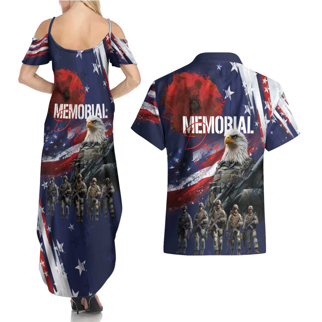 United States Memorial Day Couples Matching Summer Maxi Dress and Hawaiian Shirt Bald Eagle US Soldier-Honor and Remember The Fallen