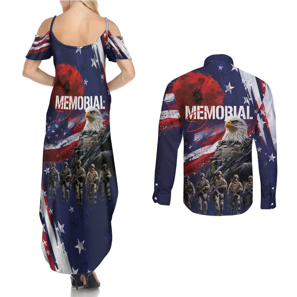 United States Memorial Day Couples Matching Summer Maxi Dress and Long Sleeve Button Shirt Bald Eagle US Soldier-Honor and Remember The Fallen