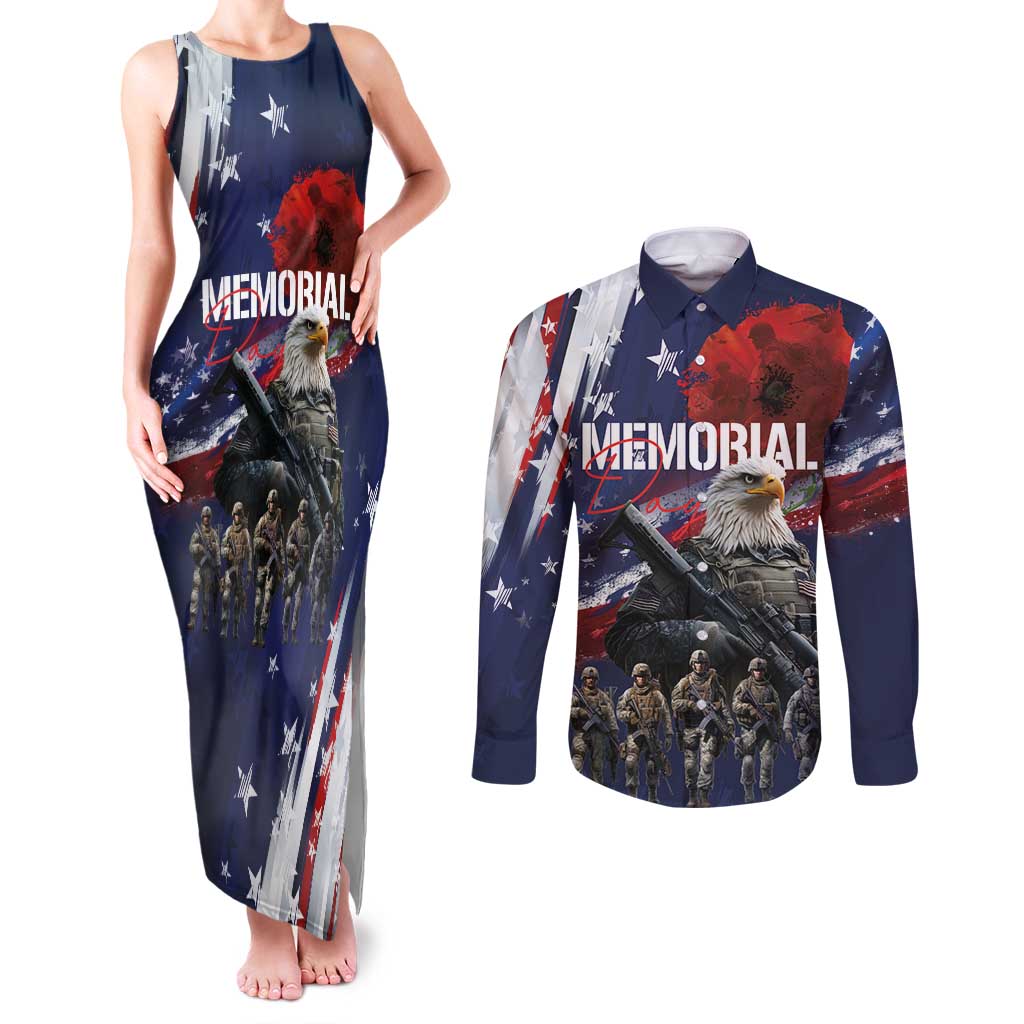 United States Memorial Day Couples Matching Tank Maxi Dress and Long Sleeve Button Shirt Bald Eagle US Soldier-Honor and Remember The Fallen