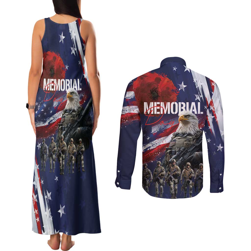 United States Memorial Day Couples Matching Tank Maxi Dress and Long Sleeve Button Shirt Bald Eagle US Soldier-Honor and Remember The Fallen