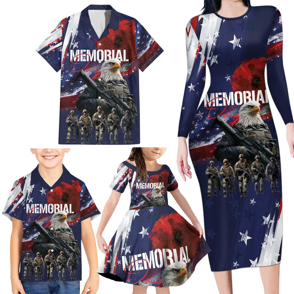 United States Memorial Day Family Matching Long Sleeve Bodycon Dress and Hawaiian Shirt Bald Eagle US Soldier-Honor and Remember The Fallen