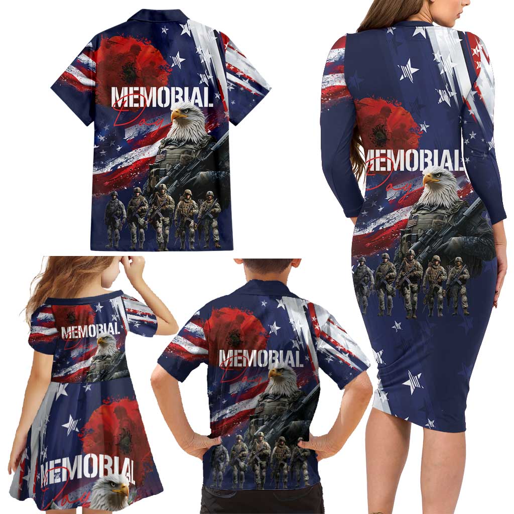 United States Memorial Day Family Matching Long Sleeve Bodycon Dress and Hawaiian Shirt Bald Eagle US Soldier-Honor and Remember The Fallen
