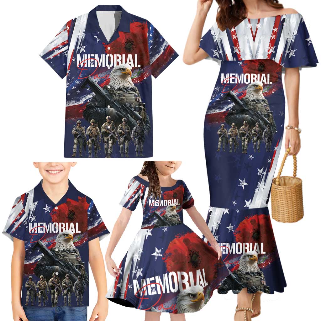 United States Memorial Day Family Matching Mermaid Dress and Hawaiian Shirt Bald Eagle US Soldier-Honor and Remember The Fallen