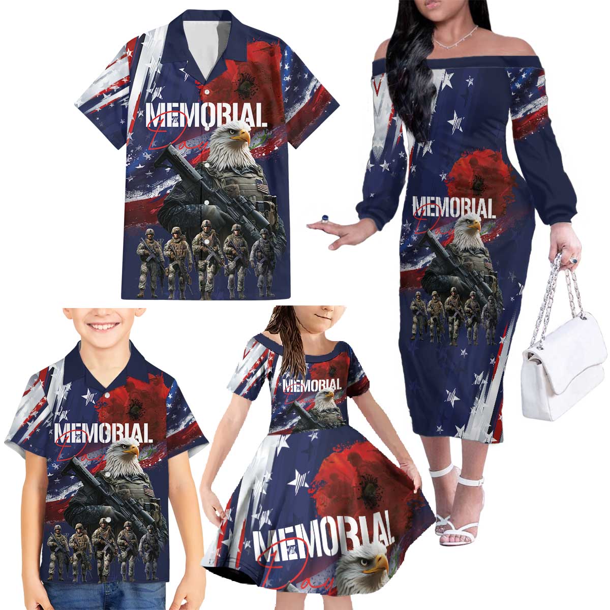 United States Memorial Day Family Matching Off The Shoulder Long Sleeve Dress and Hawaiian Shirt Bald Eagle US Soldier-Honor and Remember The Fallen