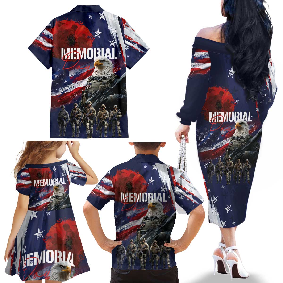 United States Memorial Day Family Matching Off The Shoulder Long Sleeve Dress and Hawaiian Shirt Bald Eagle US Soldier-Honor and Remember The Fallen