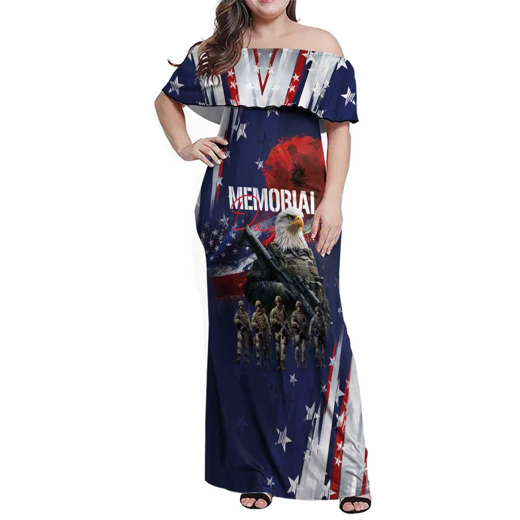 United States Memorial Day Family Matching Off Shoulder Maxi Dress and Hawaiian Shirt Bald Eagle US Soldier-Honor and Remember The Fallen