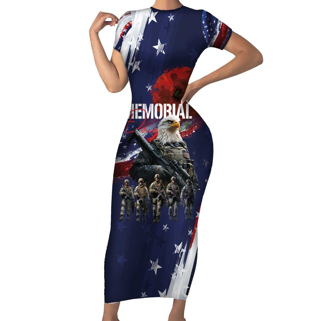 United States Memorial Day Family Matching Short Sleeve Bodycon Dress and Hawaiian Shirt Bald Eagle US Soldier-Honor and Remember The Fallen