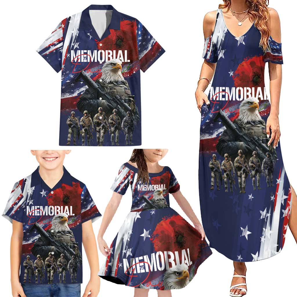 United States Memorial Day Family Matching Summer Maxi Dress and Hawaiian Shirt Bald Eagle US Soldier-Honor and Remember The Fallen