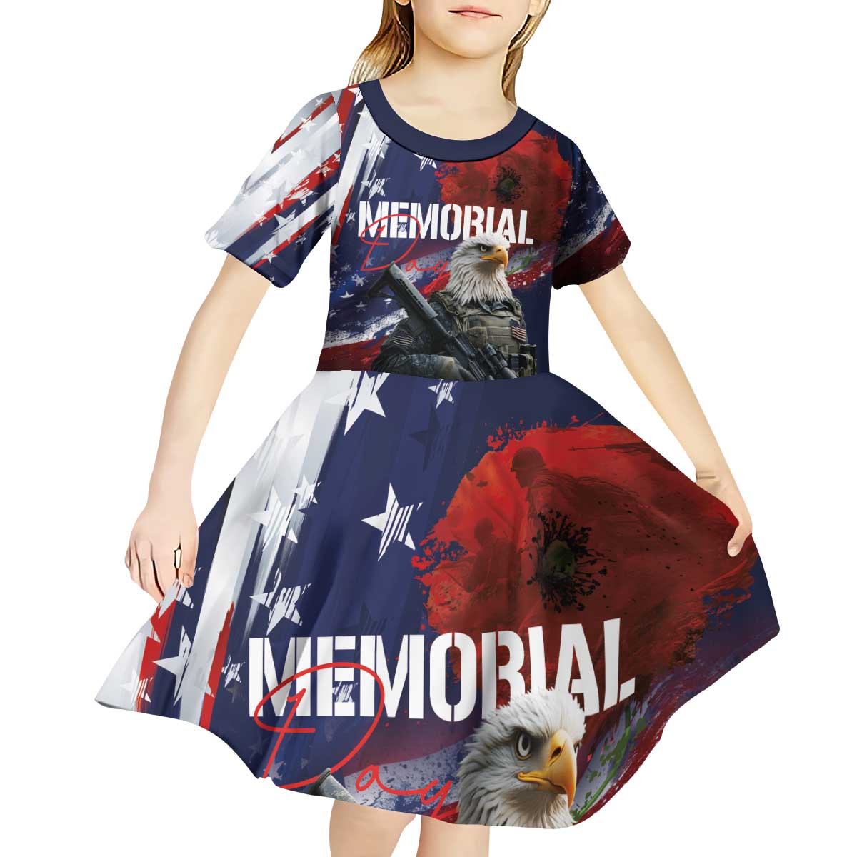 United States Memorial Day Kid Short Sleeve Dress Bald Eagle US Soldier-Honor and Remember The Fallen