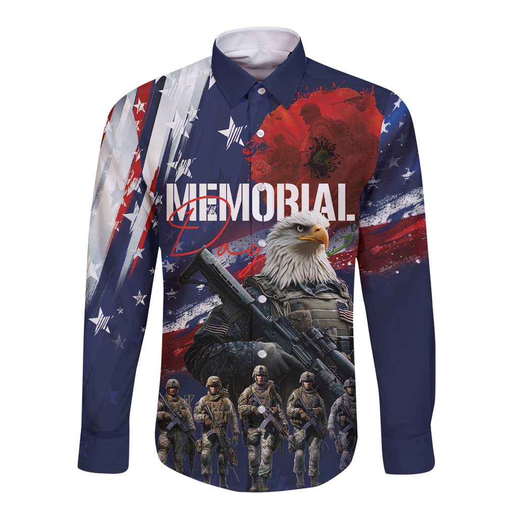 United States Memorial Day Long Sleeve Button Shirt Bald Eagle US Soldier-Honor and Remember The Fallen