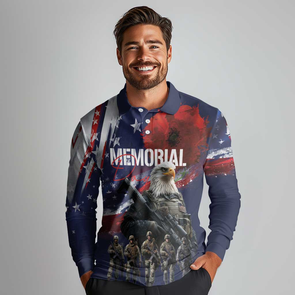 United States Memorial Day Long Sleeve Polo Shirt Bald Eagle US Soldier-Honor and Remember The Fallen