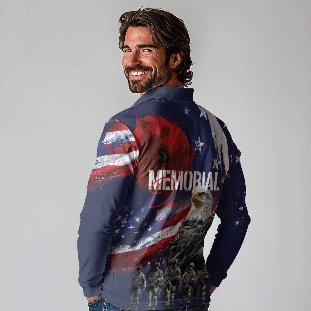United States Memorial Day Long Sleeve Polo Shirt Bald Eagle US Soldier-Honor and Remember The Fallen