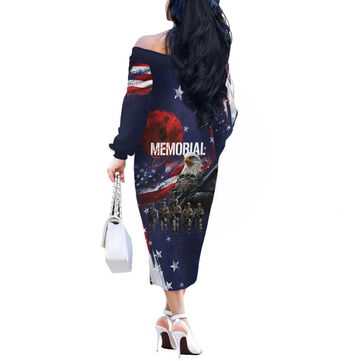 United States Memorial Day Off The Shoulder Long Sleeve Dress Bald Eagle US Soldier-Honor and Remember The Fallen