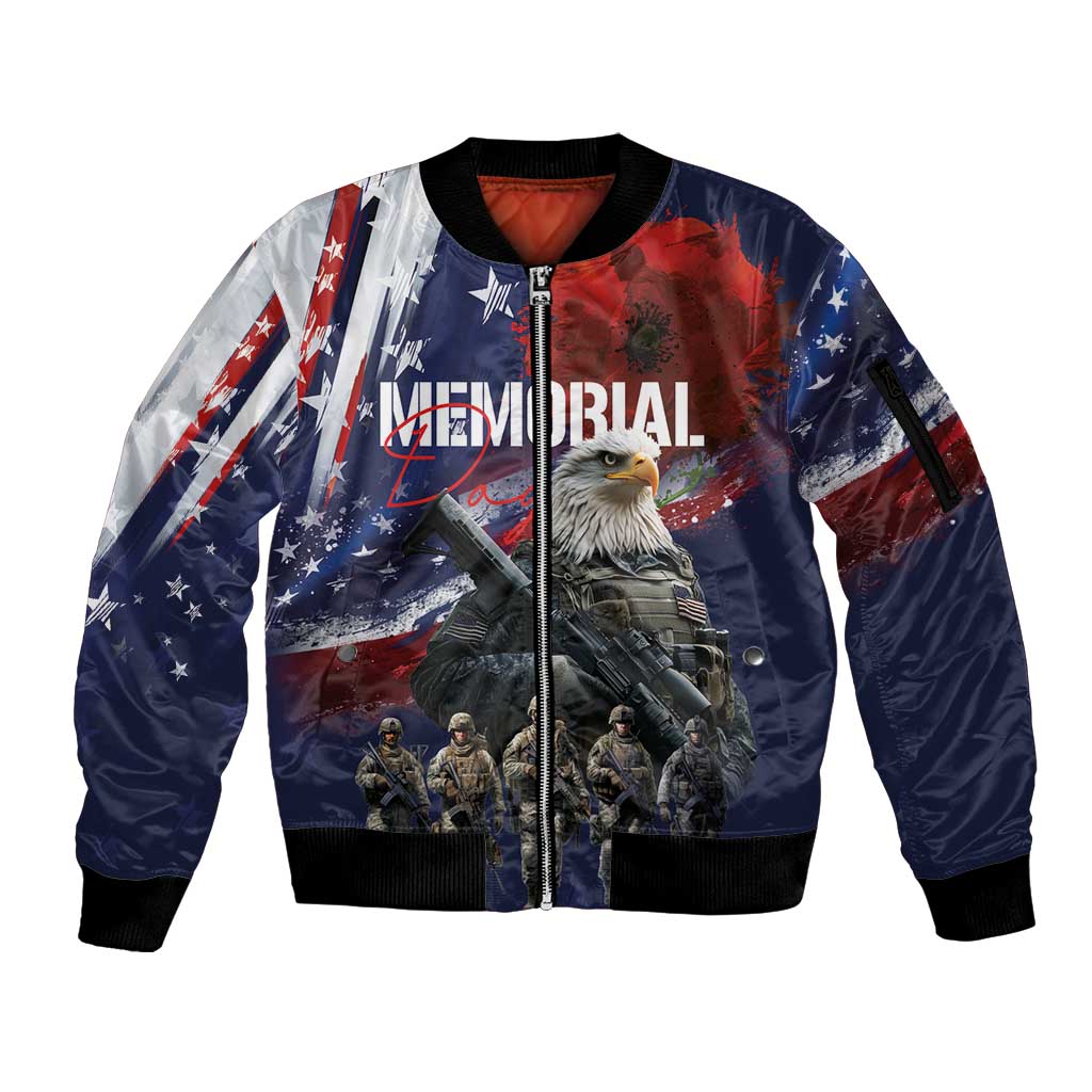 United States Memorial Day Sleeve Zip Bomber Jacket Bald Eagle US Soldier-Honor and Remember The Fallen