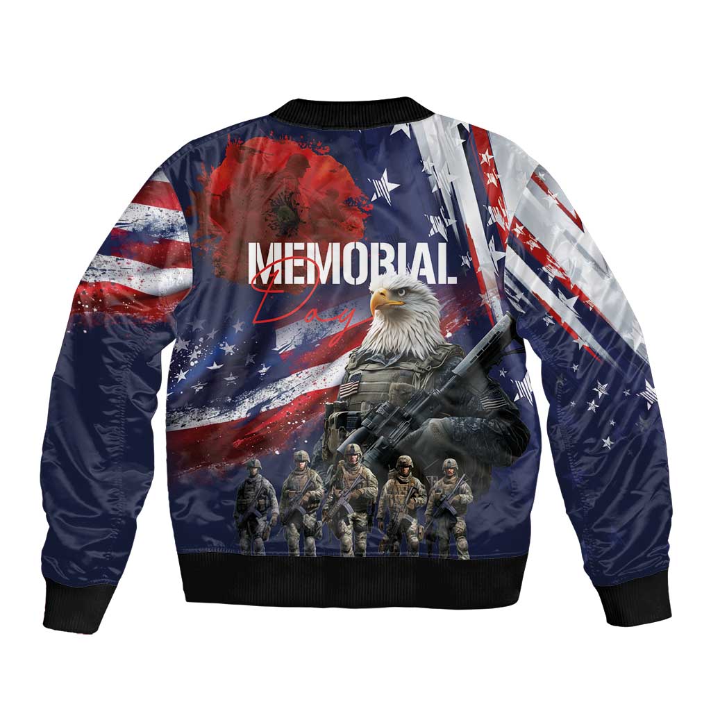 United States Memorial Day Sleeve Zip Bomber Jacket Bald Eagle US Soldier-Honor and Remember The Fallen