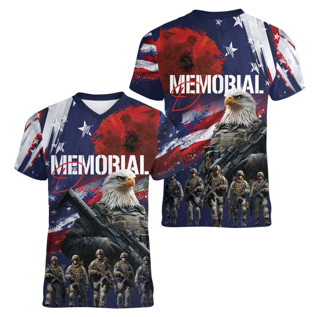United States Memorial Day Women V-Neck T-Shirt Bald Eagle US Soldier-Honor and Remember The Fallen