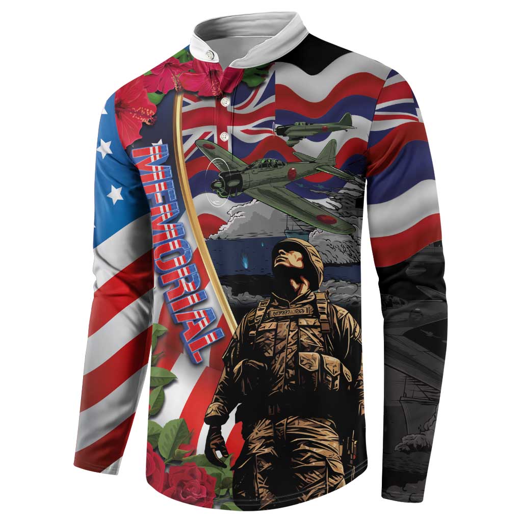 Hawaii and United States Memorial Day Button Sweatshirt Honor and Remember The Fallen