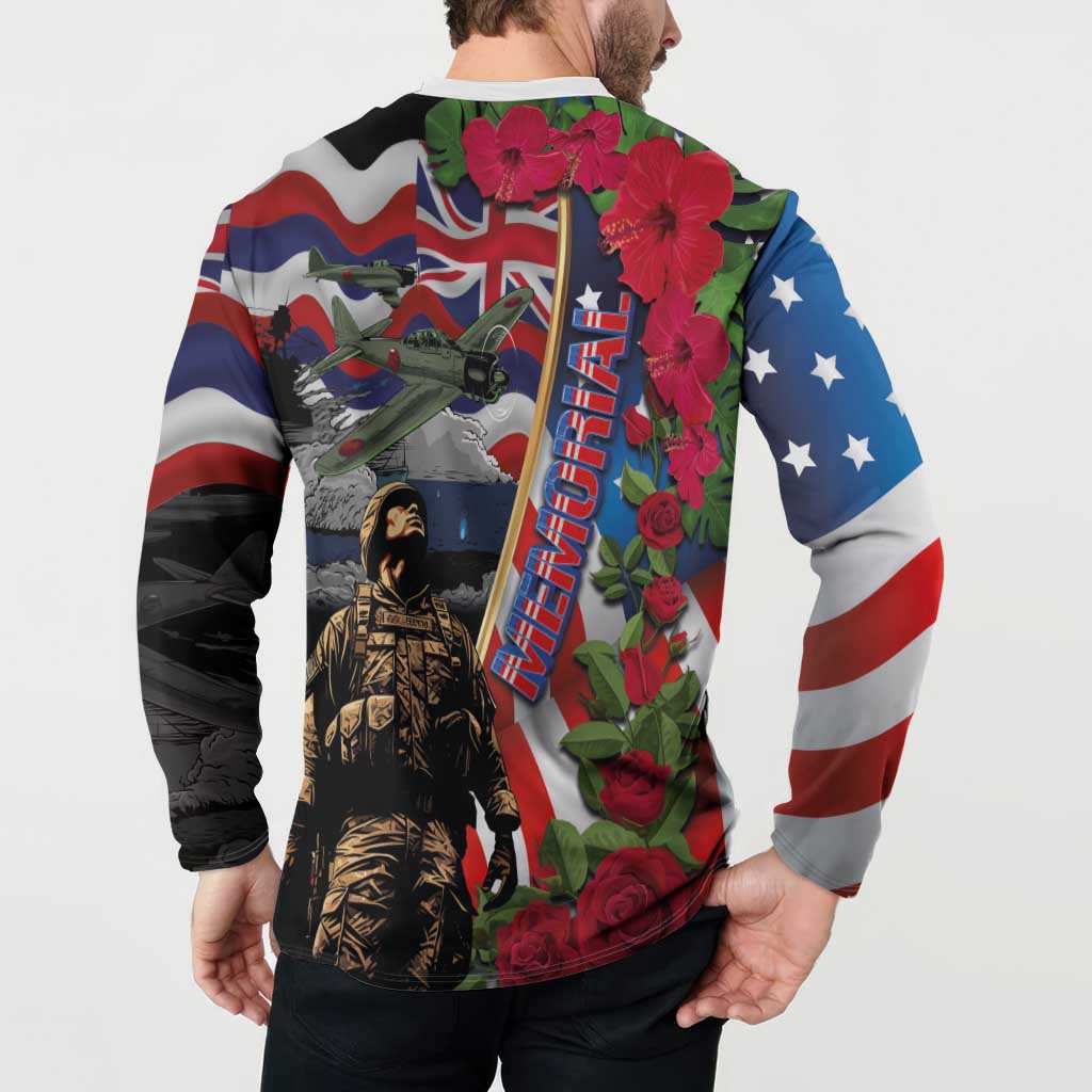 Hawaii and United States Memorial Day Button Sweatshirt Honor and Remember The Fallen