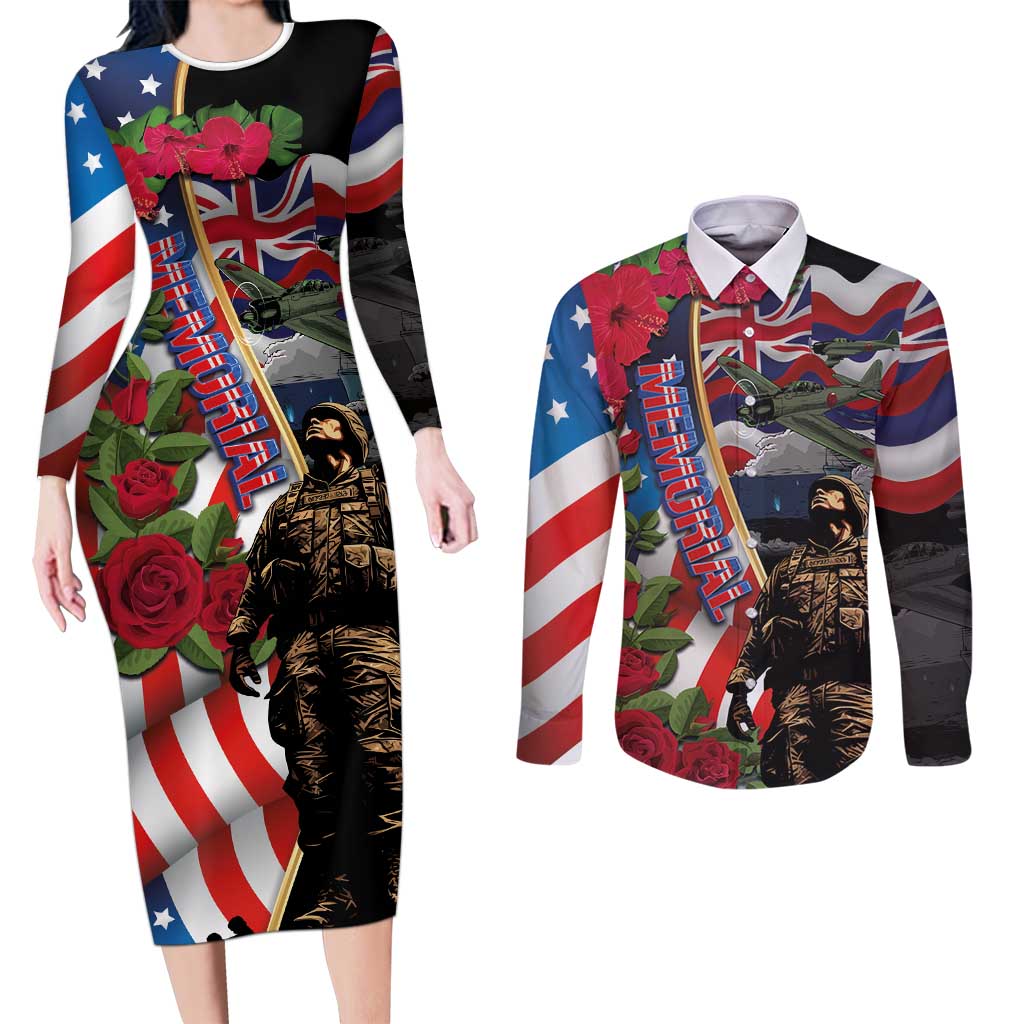 Hawaii and United States Memorial Day Couples Matching Long Sleeve Bodycon Dress and Long Sleeve Button Shirt Honor and Remember The Fallen