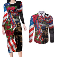 Hawaii and United States Memorial Day Couples Matching Long Sleeve Bodycon Dress and Long Sleeve Button Shirt Honor and Remember The Fallen