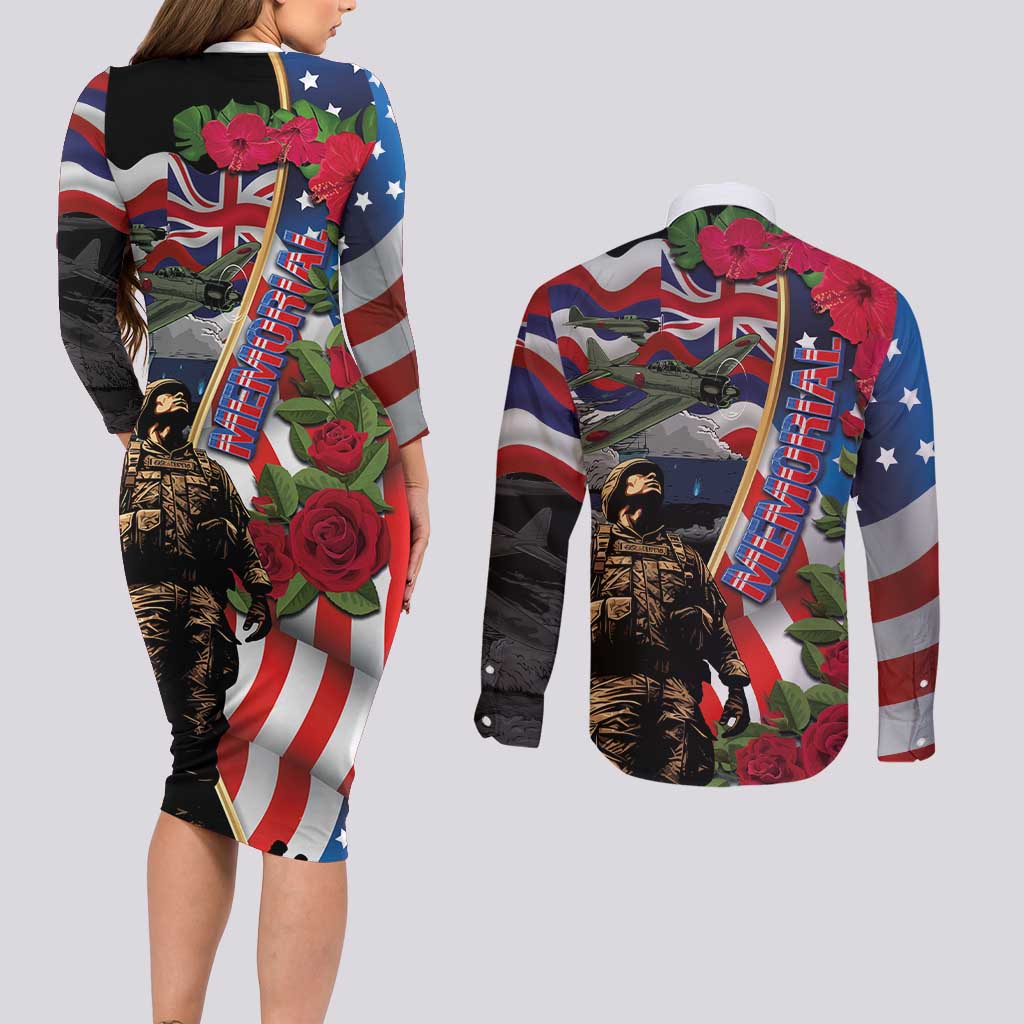 Hawaii and United States Memorial Day Couples Matching Long Sleeve Bodycon Dress and Long Sleeve Button Shirt Honor and Remember The Fallen