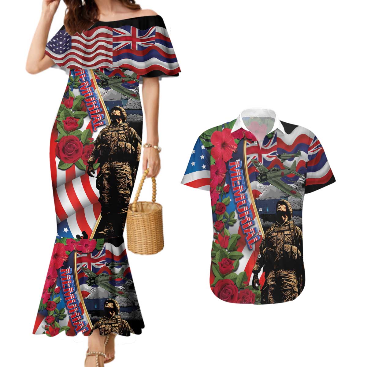 Hawaii and United States Memorial Day Couples Matching Mermaid Dress and Hawaiian Shirt Honor and Remember The Fallen