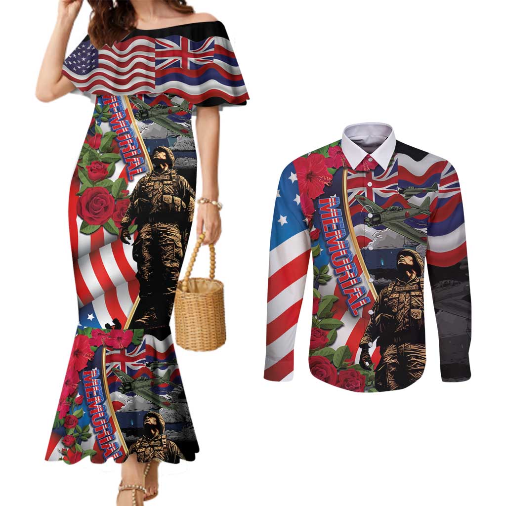 Hawaii and United States Memorial Day Couples Matching Mermaid Dress and Long Sleeve Button Shirt Honor and Remember The Fallen