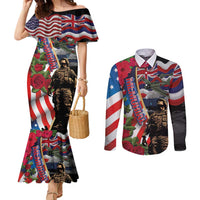 Hawaii and United States Memorial Day Couples Matching Mermaid Dress and Long Sleeve Button Shirt Honor and Remember The Fallen