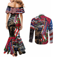 Hawaii and United States Memorial Day Couples Matching Mermaid Dress and Long Sleeve Button Shirt Honor and Remember The Fallen