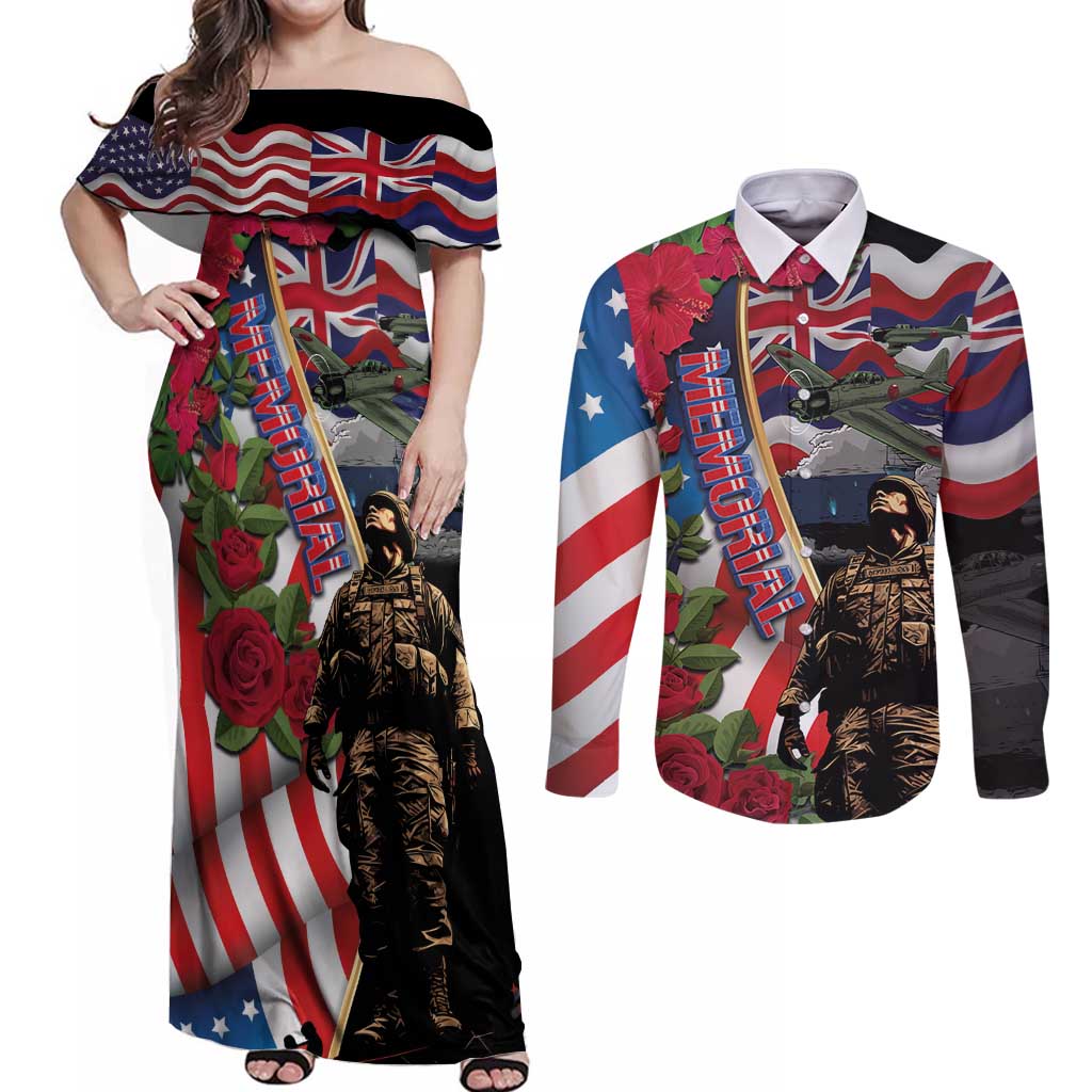 Hawaii and United States Memorial Day Couples Matching Off Shoulder Maxi Dress and Long Sleeve Button Shirt Honor and Remember The Fallen