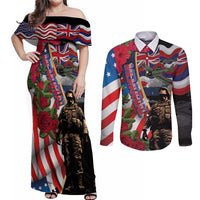 Hawaii and United States Memorial Day Couples Matching Off Shoulder Maxi Dress and Long Sleeve Button Shirt Honor and Remember The Fallen
