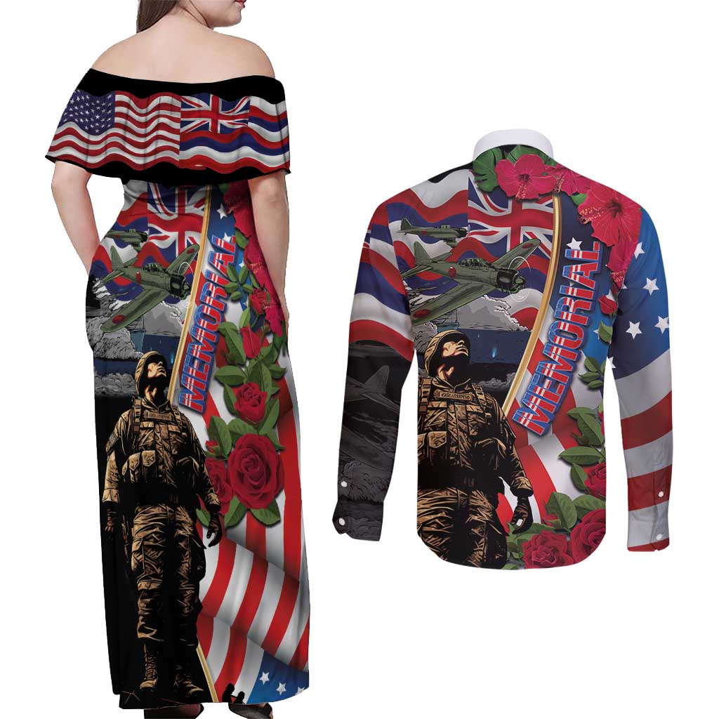 Hawaii and United States Memorial Day Couples Matching Off Shoulder Maxi Dress and Long Sleeve Button Shirt Honor and Remember The Fallen