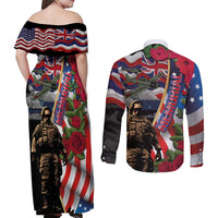 Hawaii and United States Memorial Day Couples Matching Off Shoulder Maxi Dress and Long Sleeve Button Shirt Honor and Remember The Fallen