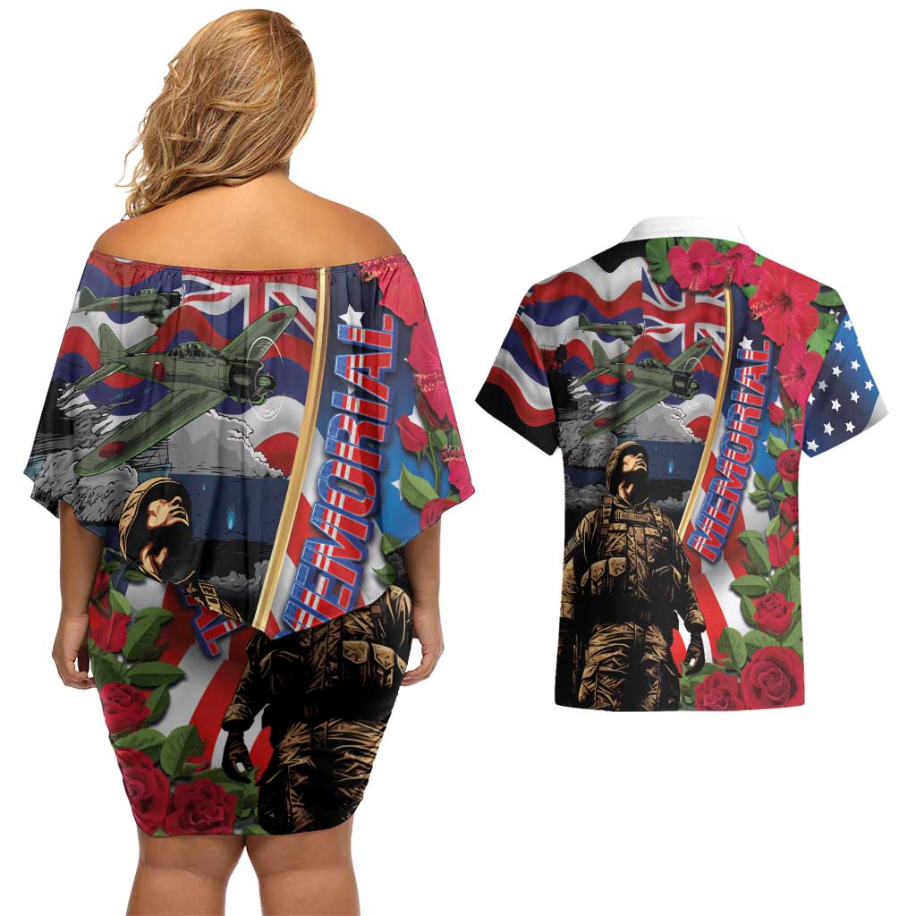 Hawaii and United States Memorial Day Couples Matching Off Shoulder Short Dress and Hawaiian Shirt Honor and Remember The Fallen