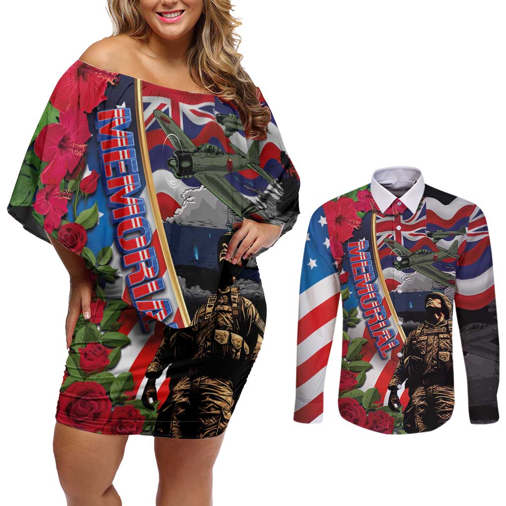 Hawaii and United States Memorial Day Couples Matching Off Shoulder Short Dress and Long Sleeve Button Shirt Honor and Remember The Fallen