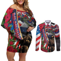 Hawaii and United States Memorial Day Couples Matching Off Shoulder Short Dress and Long Sleeve Button Shirt Honor and Remember The Fallen