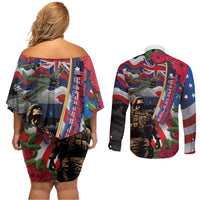 Hawaii and United States Memorial Day Couples Matching Off Shoulder Short Dress and Long Sleeve Button Shirt Honor and Remember The Fallen