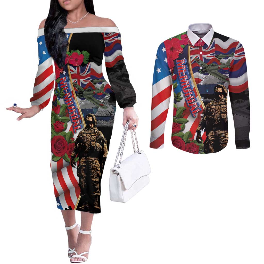 Hawaii and United States Memorial Day Couples Matching Off The Shoulder Long Sleeve Dress and Long Sleeve Button Shirt Honor and Remember The Fallen
