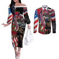 Hawaii and United States Memorial Day Couples Matching Off The Shoulder Long Sleeve Dress and Long Sleeve Button Shirt Honor and Remember The Fallen