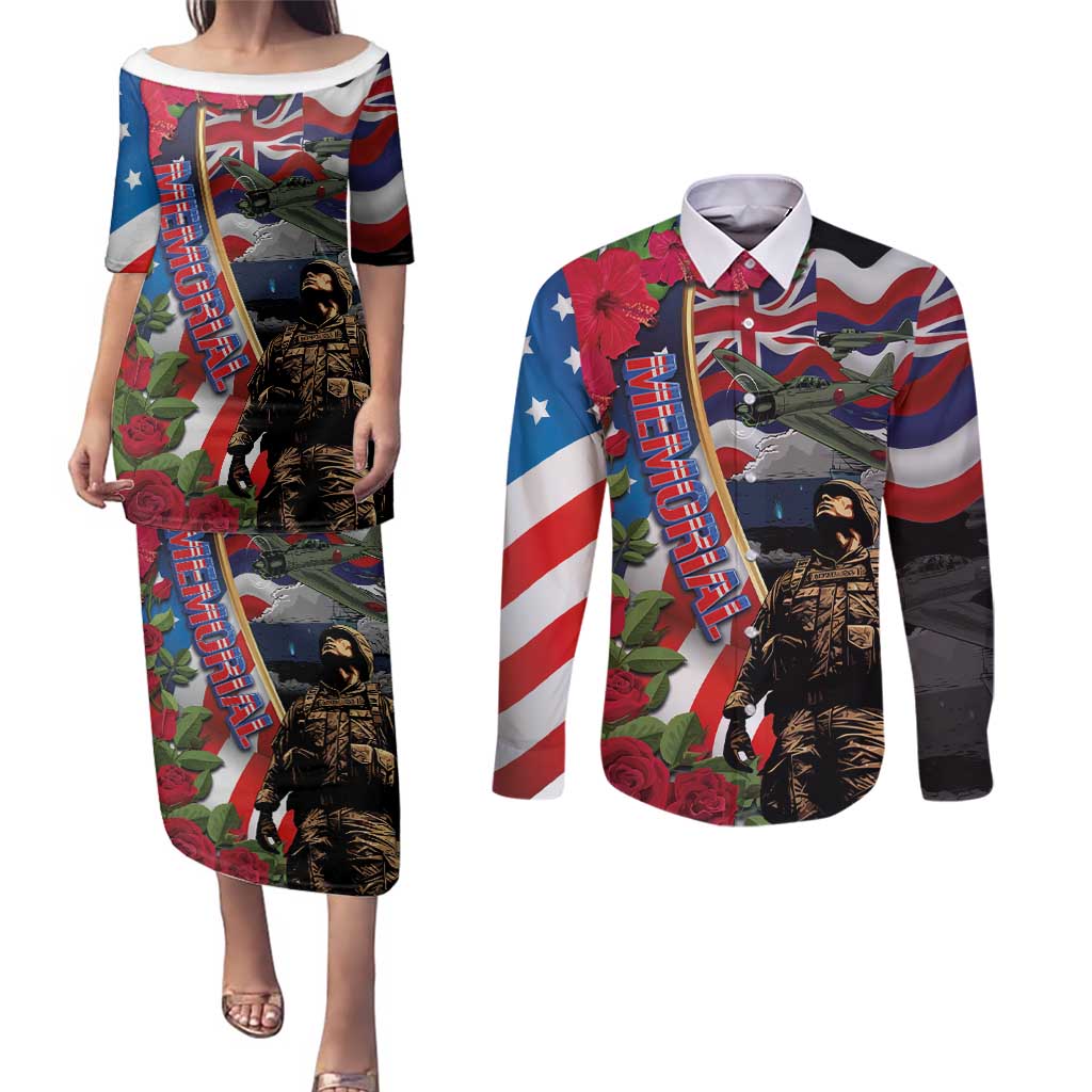 Hawaii and United States Memorial Day Couples Matching Puletasi and Long Sleeve Button Shirt Honor and Remember The Fallen