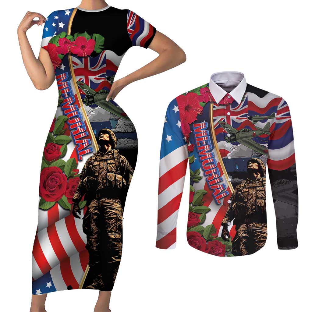 Hawaii and United States Memorial Day Couples Matching Short Sleeve Bodycon Dress and Long Sleeve Button Shirt Honor and Remember The Fallen